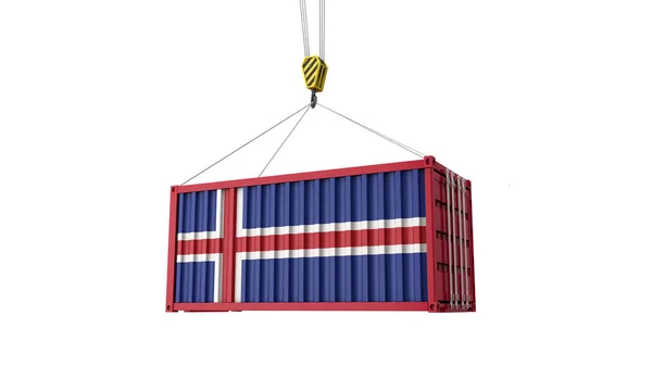 IJsland vlag Cargo Trade container opknoping van een kraan. 3D renderen — Stockfoto