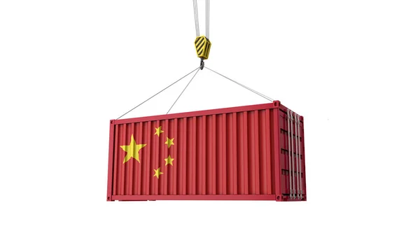 クレーンからぶら下がる中国フラグ貨物貿易コンテナ。3D レンダリング — ストック写真