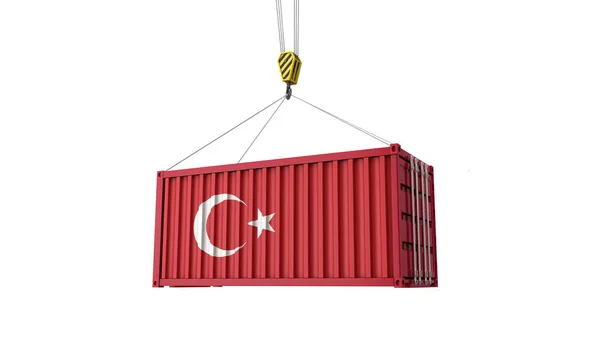 Container unter türkischer Flagge hängen an einem Kran. 3D-Darstellung — Stockfoto