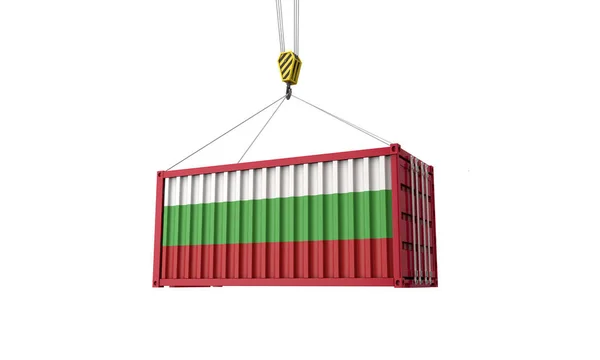 An einem Kran hängt ein Container mit bulgarischer Flagge. 3D-Darstellung — Stockfoto