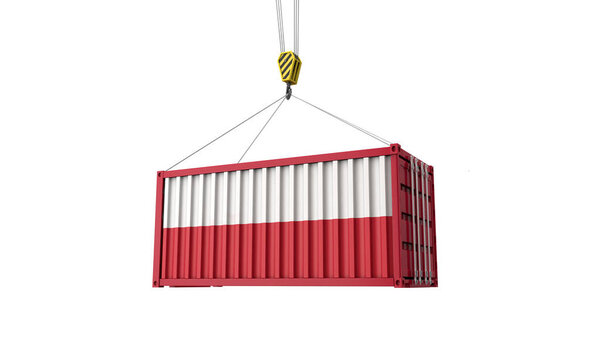 Poland flag cargo trade container hanging from a crane. 3D Render