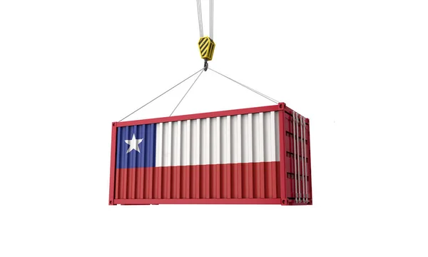 Chili vlag Cargo Trade container opknoping van een kraan. 3D renderen — Stockfoto