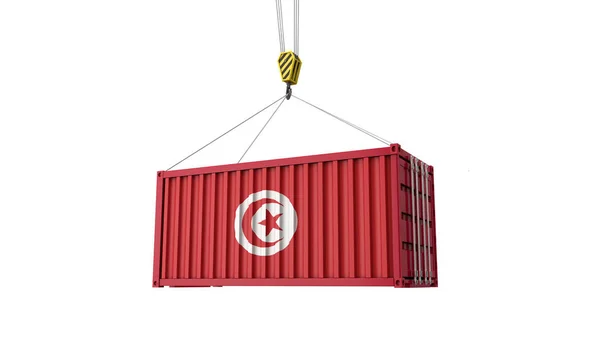 Tunisia bandiera container commerciale appeso ad una gru. Render 3D — Foto Stock