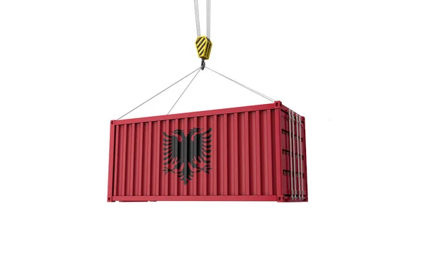 Albania bandera carga comercio contenedor colgando de una grúa. Renderizado 3D — Foto de Stock