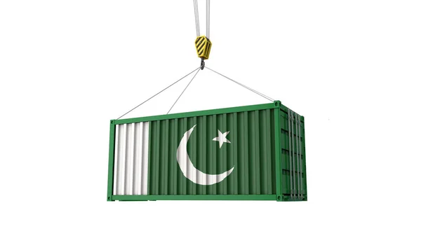 Pakistan bandiera container commerciale appeso ad una gru. Render 3D — Foto Stock