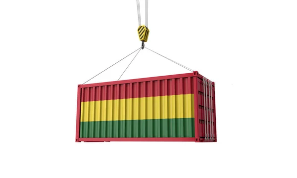 Bolivia flag cargo trade container hanging from a crane. 3D Render — Stock Photo, Image