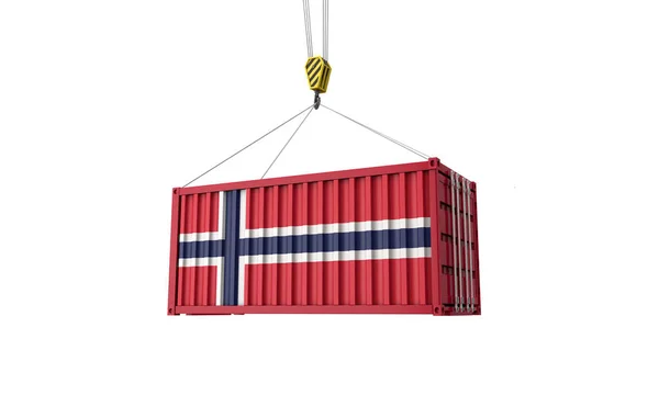 Noruega bandeira contêiner de comércio de carga pendurado em um guindaste. Renderização 3D — Fotografia de Stock