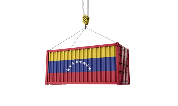 Contenitore commerciale di bandiera venezuelana appeso a una gru. Render 3D — Foto Stock