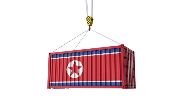 Грузовой контейнер с флагом Северной Кореи, свисающий с крана. 3D Render
