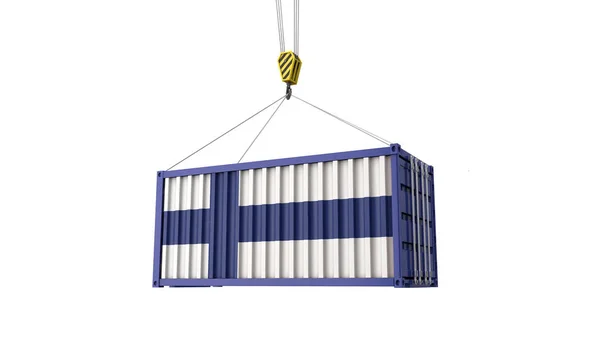 Finlande drapeau cargo conteneur suspendu à une grue. Expéditeur 3D — Photo