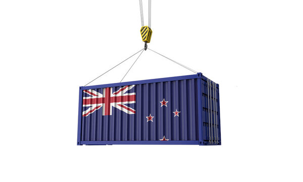 Грузовой контейнер с флагом Новой Зеландии, свисающий с крана. 3D Render
