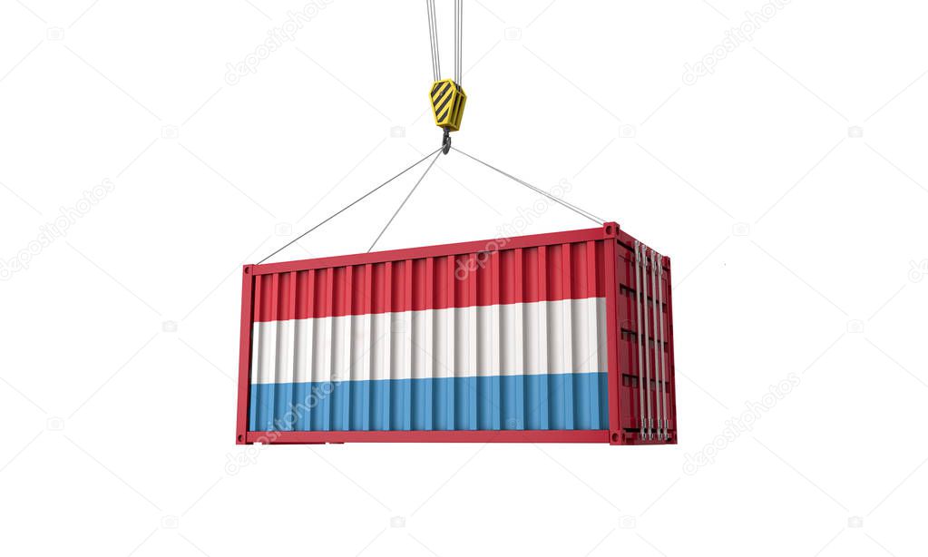 Luxembourg flag cargo trade container hanging from a crane. 3D Render