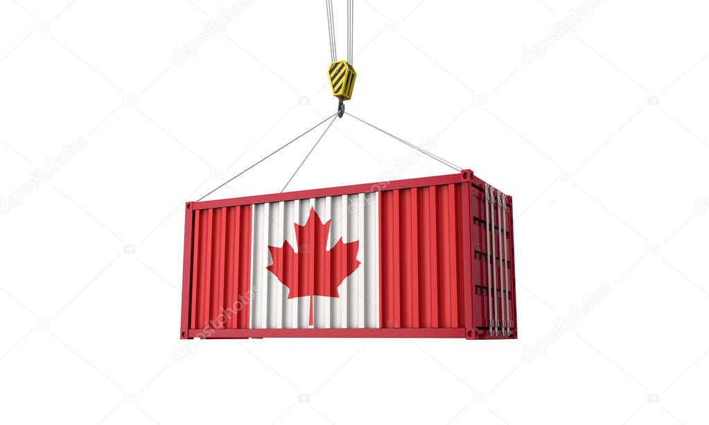 Canada flag cargo trade container hanging from a crane. 3D Render