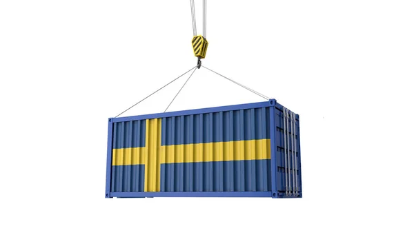 クレーンからぶら下がるスウェーデンフラグ貨物貿易コンテナ。3D レンダリング — ストック写真