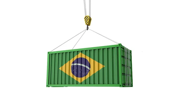 Бразилія прапор вантажу торгівлі контейнер висить від крана. 3D візуалізації — стокове фото