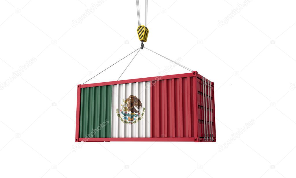 Mexico flag cargo trade container hanging from a crane. 3D Render