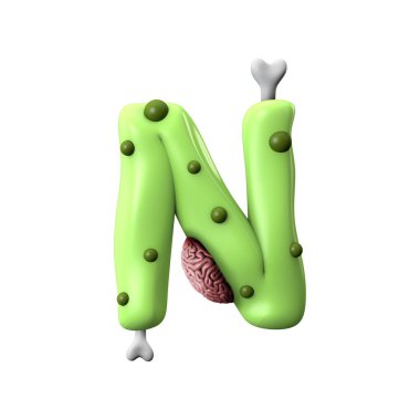 zombi alfabesi harfi N. Halloween yazı tipi. 3d Rendering