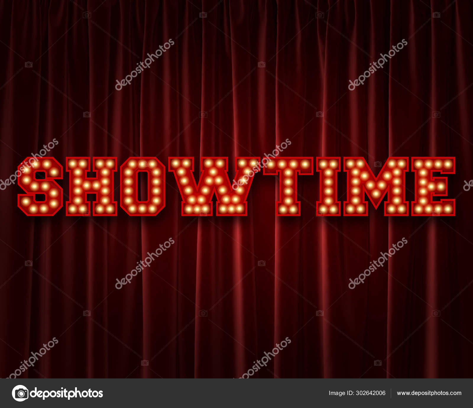 Showtime palabra de letras bombilla contra una cortina de teatro rojo . —  Foto de stock #302642006 © InkDropCreative, image size:1600x1380