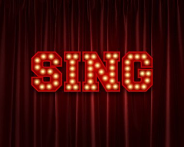 Kırmızı bir tiyatro perdesi karşı ampul harfkelime sing. 3d 