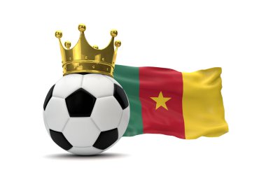 Kamerun bayrağı ve altın taçlı futbol topu. 3d Rendering