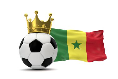 Senegal bayrağı ve altın taç lı futbol topu. 3d Rendering