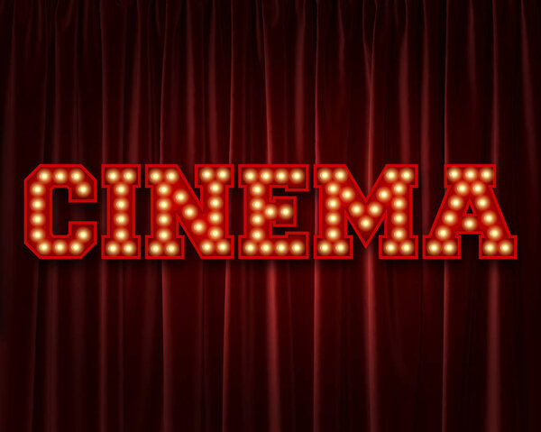 Cinema lightbulb lettering word against a red theatre curtain. 3D Rendering