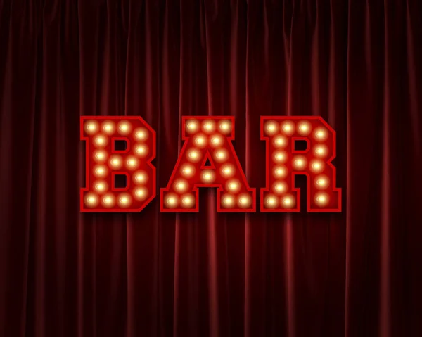 Bar lightbulb lettering word against a red theatre curtain. 3D R