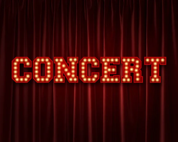 Ampoule de concert lettrage mot contre un rideau de théâtre rouge . — Photo