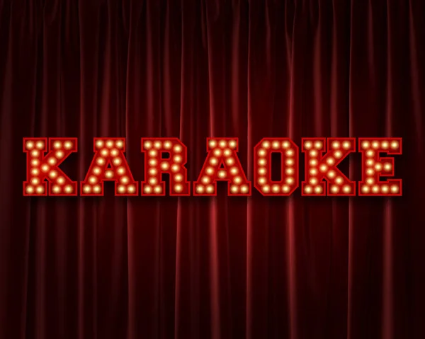 Karaoké ampoule lettrage mot contre un rideau de théâtre rouge . — Photo