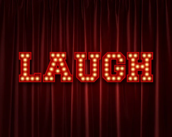 Lachen Glühbirnen Schriftzug Wort gegen einen roten Theatervorhang. 3d — Stockfoto