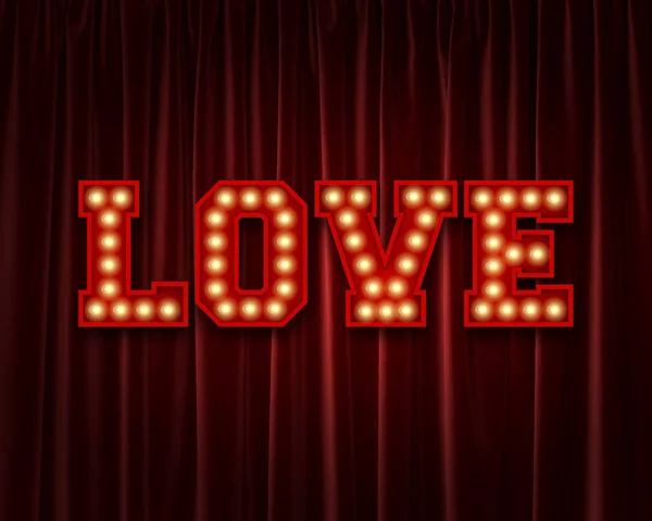 爱灯泡字母字对红色剧院窗帘。三维 — 图库照片