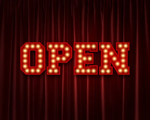Abra a palavra lettering lâmpada contra uma cortina de teatro vermelho. 3D — Fotografia de Stock