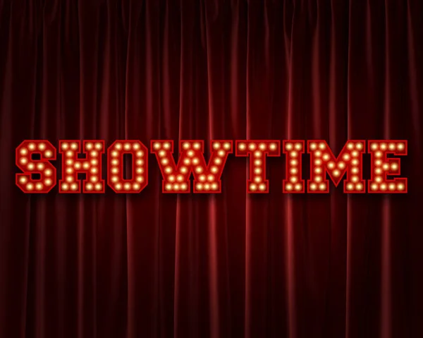 Showtime palavra letras lâmpada contra uma cortina de teatro vermelho . — Fotografia de Stock