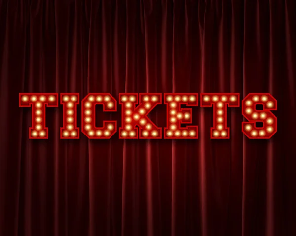 Tickets gloeilamp belettering woord tegen een rode theater gordijn. — Stockfoto