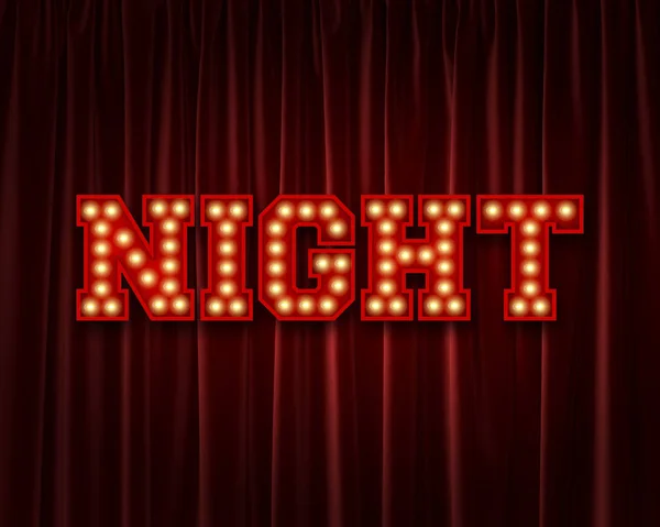 Night lightbulb lettering word against a red theatre curtain. 3D — Stock Photo, Image