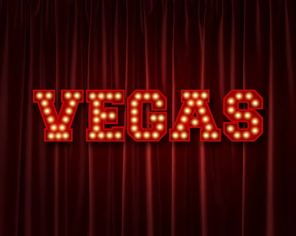 Vegas gloeilamp belettering woord tegen een rode theater gordijn. 3d — Stockfoto