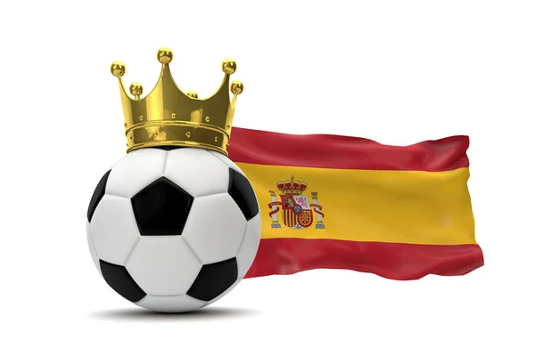 Altın taç ile İspanya bayrağı ve futbol topu. 3d Rendering — Stok fotoğraf