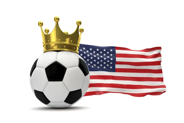 US-Flagge und Fußball mit goldener Krone. 3D-Darstellung — Stockfoto