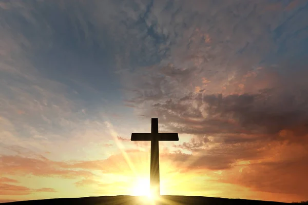 Silueta de cruz religiosa contra un cielo de salida del sol. 3D Rende — Foto de Stock