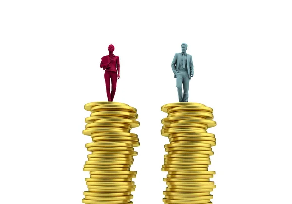 Gênero pagar conceito de igualdade. homem e mulher em uma pilha de moedas . — Fotografia de Stock