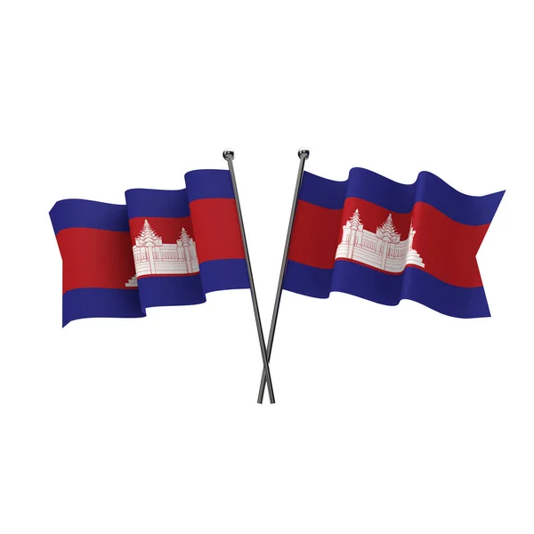 Les drapeaux cambodgiens ont traversé isolés sur fond blanc. Expéditeur 3D — Photo