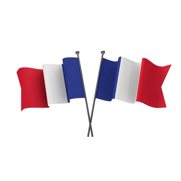 Frankreich-Fahnen kreuzten vereinzelt auf weißem Hintergrund. 3D-Renderin — Stockfoto