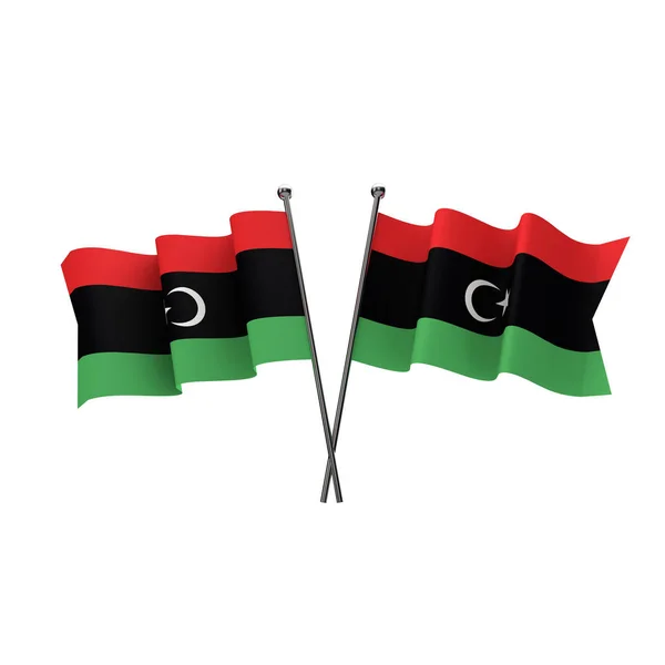 Libyen flaggor korsade isolerade på en vit bakgrund. 3D-rendering — Stockfoto