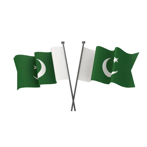 Bandiere del Pakistan attraversate isolate su uno sfondo bianco. Render 3D — Foto Stock