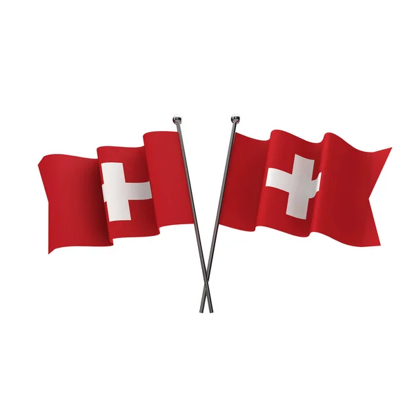 Schweizerische Fahnen kreuzten vereinzelt auf weißem Grund. 3d ren — Stockfoto