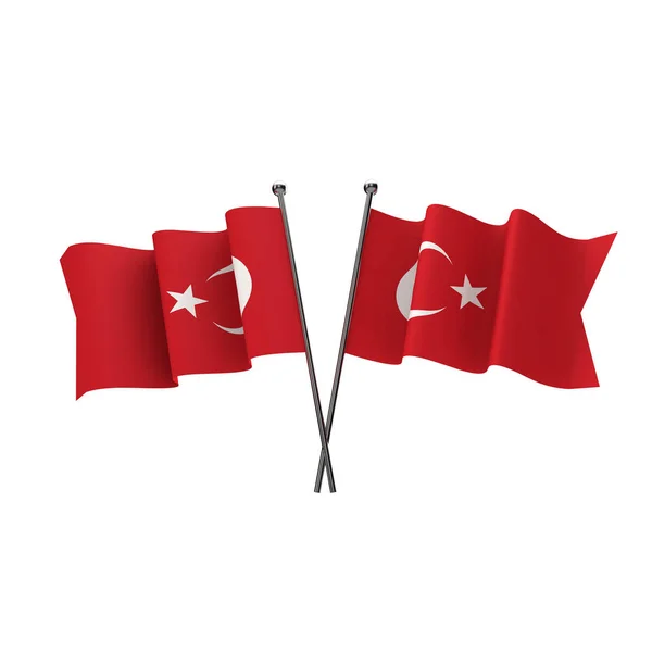 Turkey flags crossed isolated on a white background. 3D Renderin — Stock Photo, Image