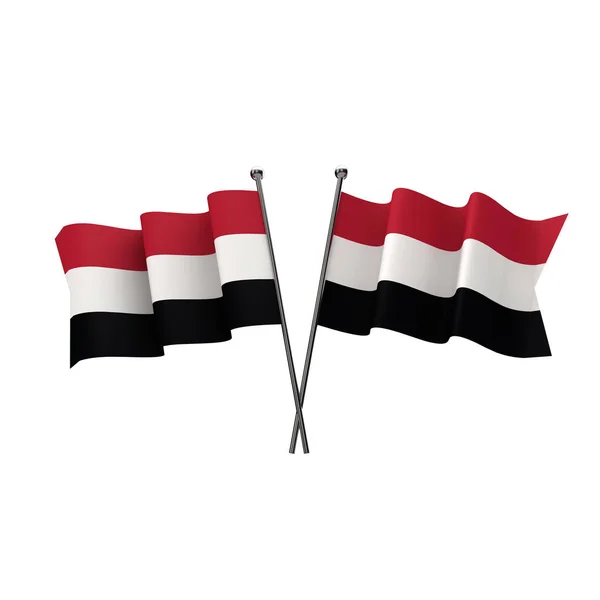 Флаги Йемена пересекались изолированно на белом фоне. 3D рендеринг — стоковое фото