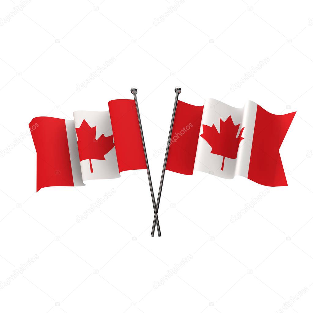 Canada flags crossed isolated on a white background. 3D Renderin