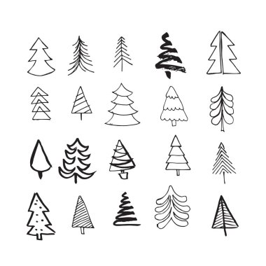 El çizilmiş Noel ağaçları doodle simgeleri