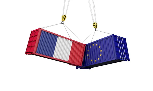 Franciaország és Európa kereskedelmi háborús koncepciója. A rakomány konténerek csapkodás. 3D-leképezés — Stock Fotó